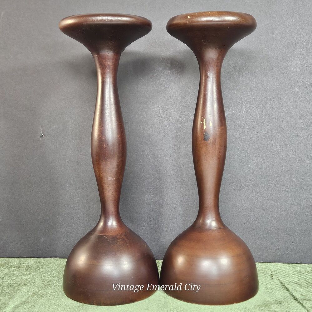 Vtg Tall Candle Holders Turned Dark Wood Set of 2 Felted Base Bohemia Candelabra - Picture 2 of 12